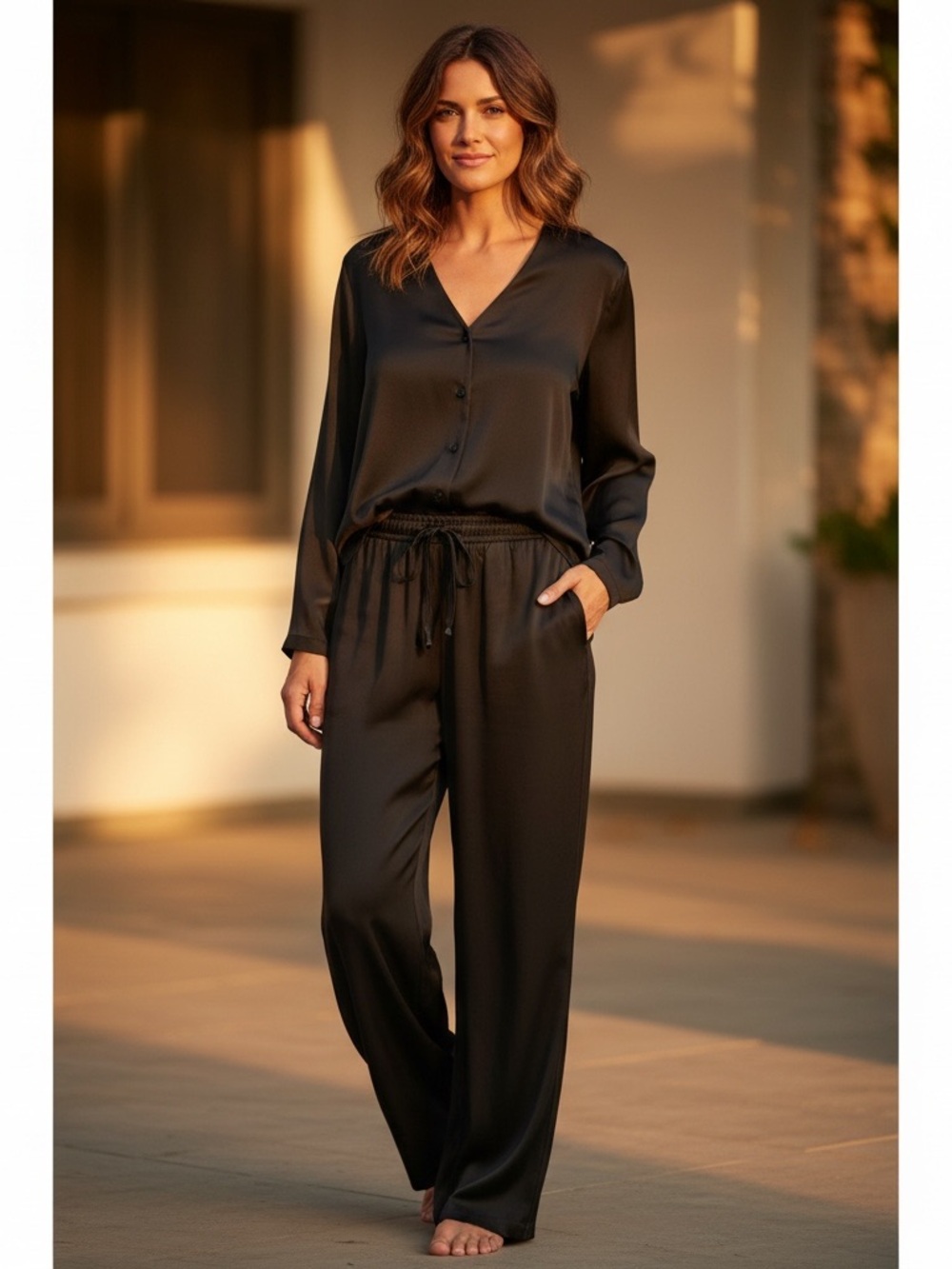 Vintage Via Seta 100% Silk Minimalist 2-Piece Shirt & Wide-Leg Pant Set